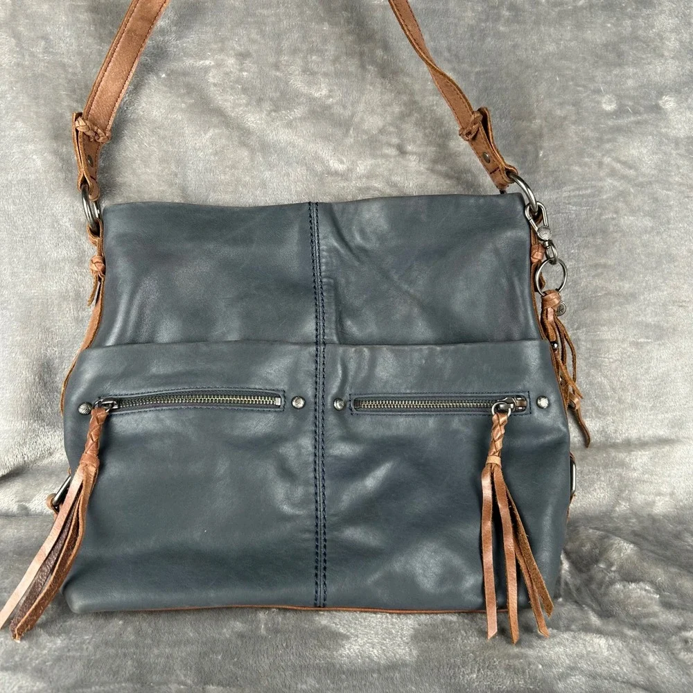 The Sak Ashland Leather Hobo Bag Slate Blue Tan Tassel Shoulder Bag‎ 1000076252
